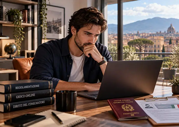 Uomo che verifica licenze ADM e autorizzazioni in Italia per casino non ADM senza documenti